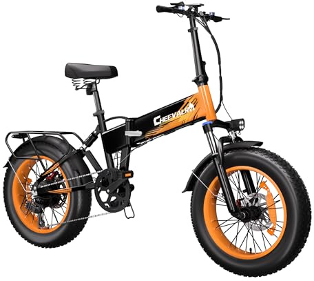 CHEEVALRY Folding Electric Bike for Adults, 60-150km 48V 20AH Long Range E-Bike, 25km/h, 20 x4.0 Fat Tyre, 7-Speed & Suspension for City Commute & Off-Road, Max Load 150kg