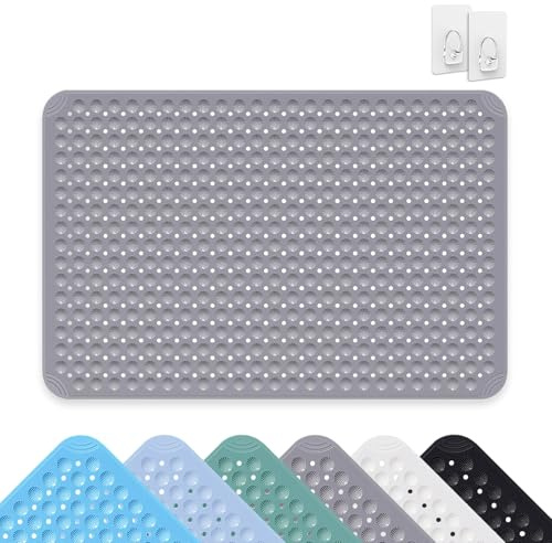 Tappetino Doccia, 80 x 120 cm Tappeto Doccia Quadrato Lavabile in Lavatrice con Ventosa, Tappeto Bagno in PVC Antiscivolo, Tappetino Bagno Antiscivolo, per Vasca, Grigio
