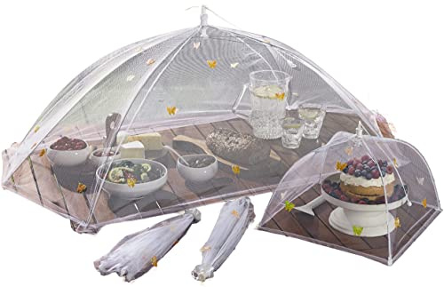 4 x Food Umbrella Cover Set – 1 Large and 3 Small Collapsible Reusable Mesh Screen Food Covers for Indoor or Outdoor Dining, Parties & BBQ’s – Protect Food from Wasps, Bees, Flies, Insects, Bugs