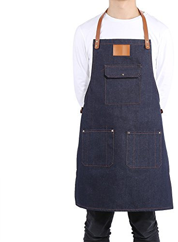 Strapazierfähige Denim-Lätzchenschürze, Jeans-Küchenschürze, verstellbarer Lederriemen, für Bäcker Barkeeper, BBQ Chefs, Köche blau