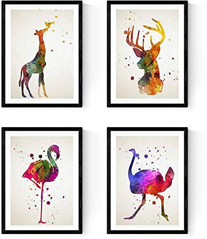 Nacnic Set von 4 Blättern zu Rahmen, Flamenco, Strauß, Hirsch und Giraffe, Aquarellstil. Poster mit Bildern von Tieren, A4-Größe. Haus Dekoration. Papier 250 Gramm ...