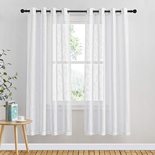 PONY DANCE Schlafzimmer Gardinen und Vorhänge Leinenoptik Vorhang Weiss Halbtransparent Fenster Ösenvorhang für Wohnzimmer Gardinenschals mit Ösen, 2er Set H 180 x B 132 cm