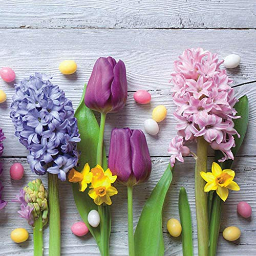 linoows 20 Servietten Frühling Hyazinthen, Narzissen, Tulpen und dragierte Eier 33x33 cm