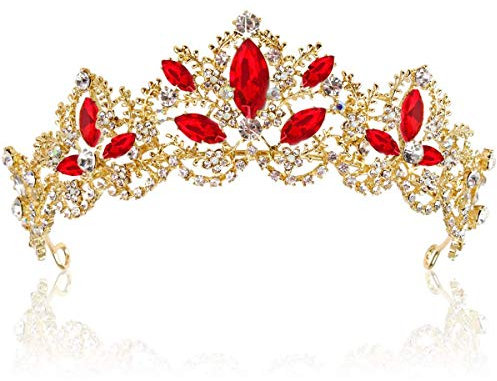 ikasus Brautschmuck Tiara Prinzessin Diadem Kristallkrone Crystal Strass Hochzeit Braut Königin Krone Geburtstagskrone Tiara Diadem für Hochzeit, Festzüge, Party,Kostüm Accessoires,Gold+Rot