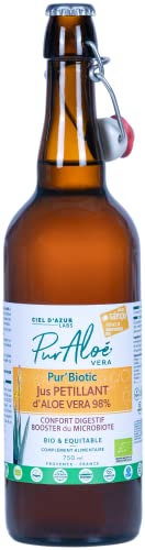 Ciel d'Azur Labs - Pur'Aloé Pur'Biotic, Jus Pétillant Bio Non Pasteurisé - 98% Aloé Vera - Riche en Ferments, Idéal pour le Confort Digestif - Certifié Bio & Équitable - Bouteille 750 ml