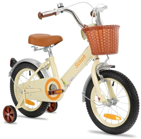 STITCH 14 Zoll Kinderfahrrad für 3 4 5 Jahre Mädchen, Kinderfahrrad mit Vorderkorb & Stützrädern für 3-5 Jahre Kinder,Beige