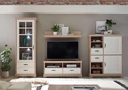 moebel-dich-auf Wohnwand Bellevue in Polar Eiche/Anderson Pine Schrankwand Komplett-Set Vitrine + Lowboard + Wandboard + Highboard/optional mit Couchtisch und Sideboard (Wohnwand)