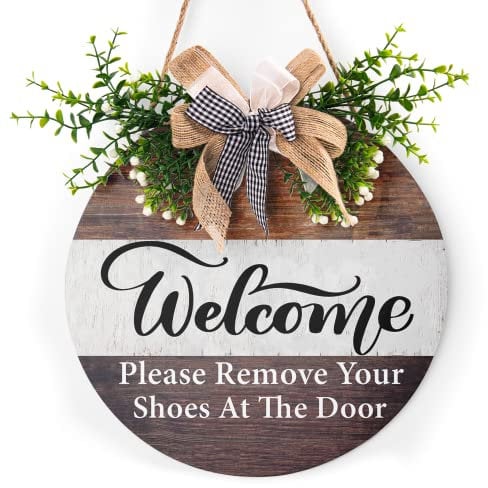 Welcome Please Remove Your Shoes Sign for Front Door - Take Off Your Shoes Sign 12in Wreath Shoes Off Sign Wood Plaque Funny Wreath Door Sign for Home Front Porch Door Decoration