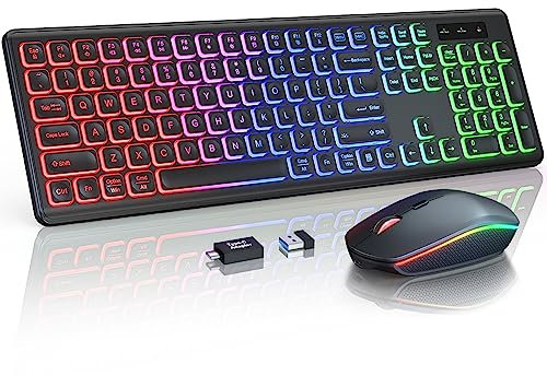 Trueque Wireless Keyboard and Mouse Combo - RGB Backlit, Rechargeable & Light Up Letters, Full-Size, Ergonomic Tilt Angle, Sleep Mode, 2.4GHz Quiet Keyboard Mouse for Mac, Windows, Laptop, PC,