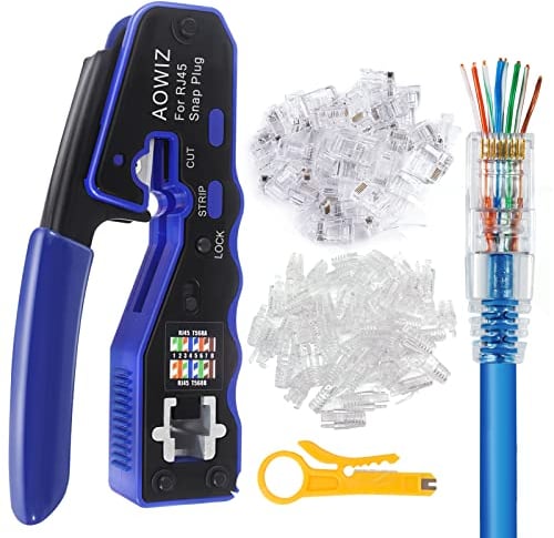 AOWIZ RJ45 Crimpwerkzeug Quetschzange Pass Through RJ45 Crimper für RJ45 Cat6a Cat6 Cat5e Cat5 Steckerenden mit 50 RJ45 Cat6 Steckern, 23AWG mit RJ45 Schutzabdeckungen und Mini-Abisolierzange