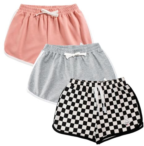 Rolanko Enfant Shorts Fille Sports Coton Danse Short Gymnastique Été D'entraînement Hot Pant pour La Course (Rose Grise NoirPlaid, Taille:160, 11-12 Ans)
