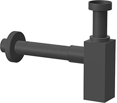 Sifone lavabo Bagno, Nero Opaco in Ottone, Attacco Universale 1” 1/4, Regolabile in Altezza e Lunghezza (Quadrato)