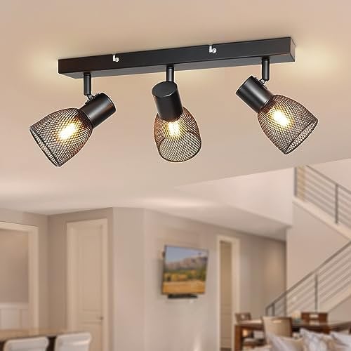 Dehobo Deckenstrahler Led Schwenkbar, Deckenlampe Schwarz E14 Vintage Deckenstrahler 3 Flammig Drehbar mit Metallgitterschirm, Strahler Deckenleuchte für Küche Schlafzimmer Flur, Ohne Glühbirnen