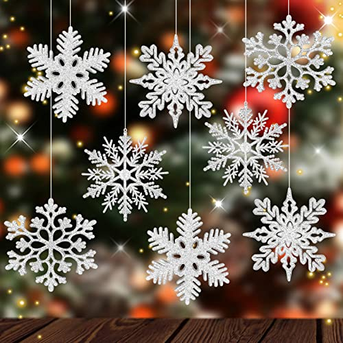MIAHART 40 Unidades de Adornos de Copos de Nieve Plateados de Navidad de 4 Pulgadas, Adornos de Copos de Nieve con Purpurina de plástico Plateado para Decoraciones de árboles de Navidad