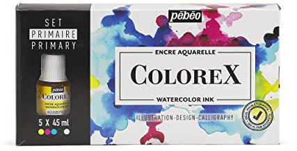 Pébéo Boîte 5 Flacons 45 ML Assortis-Kit de Dessin Manga & Illustration L’Essentiel Colorex Encre Aquarelle Couleurs, Jaune Primaire, Cyan, Magenta, Noir D'Ivoire, Blanc, 5 x 45 ml, Set de 225 Pièces