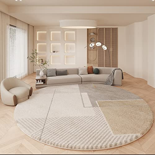 Tospass Teppich Rund 160 cm Hochflor Beige Weiß Grau Wohnzimmer Kurzflor Flauschig Waschbar Modern Boho Teppich für Schlafzimmer Deko Kinderzimmer Küche Outdoor Carpet