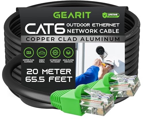 GEARit Cat6 Outdoor Ethernet Cable (20 Meters) CCA Copper Clad, Waterproof, Direct Burial, In-Ground, UV Jacket, POE, Network, Internet, Cat 6, Cat6 Cable - 20m