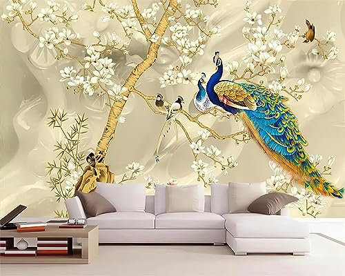 Pfauen-Magnolien-Blume Fototapete, Tierischer Pfau Tapete, 150 x 70 cm Wandbild Dekoration - für Wohnzimmer Schlafzimmer die Mauer