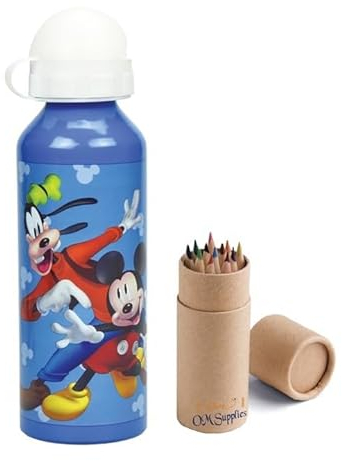 OM SUPPLIES Mickey Characters Aluminium Sports Bottle 520ml - Holiday, Back to School Water Drinking Kids Lunch Children Includes Half Size 12pcs (Mickey)