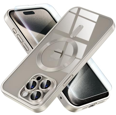 Misea Magnetische Schutzhülle für iPhone 15 Pro Max [Vergilbung] [Fallschutz in Militärqualität] Vollkamera-Objektivschutz weiche klare Handyhülle für Frauen Mädchen Titan Natur
