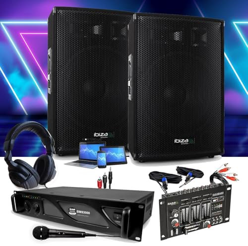 Pack Sonorisation IBIZA SOUND DISCO12B 2 Enceintes 1200W + Ampli PRO DJ 3000W + Table de Mixage DJ21 USB + CABLAGE COMPLET