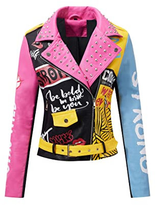 Geschallino Giacca da Donna in Ecopelle Taglie Forti Cappotto da Motociclista Floreale Punk con Rivetti Borchiati Graffiti 0375Plus Rosa XL