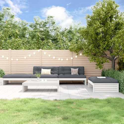 Rantry 5-TLG. Garten-Lounge-Set mit Kissen Weiß Massivholz Gartensofa Loungesofa Möbel Gartenmöbel Set Holzsofa Loungegruppe Balkonmöbel Sitzgruppe Sofagarnitur Balkonmöbel
