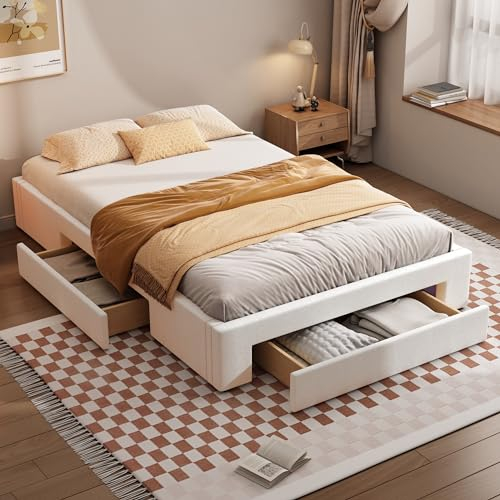 MQLAE Bett 140x200 cm, Doppelbett mit DREI große Schubladen, ohne Kopfteil, Stauraumbett Bettgestell, Bett mit Lattenrost, für Erwachsene & Jugendliche, ohne Matratze, Beige