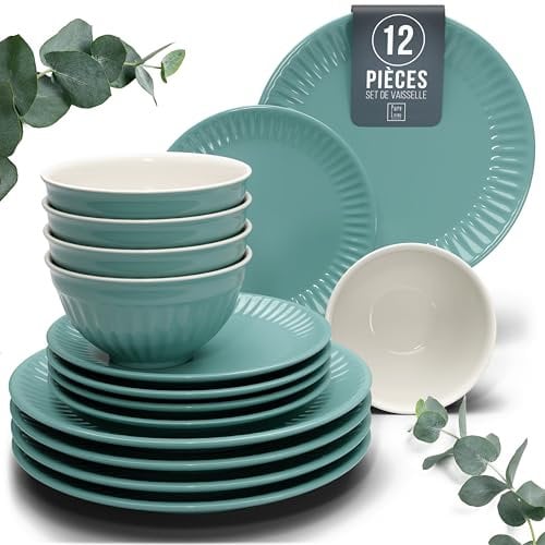 12-Piece Dinnerware Set - Bowl and Plate Set - Stoneware Dining Set for 4 People - Dishwasher and Microwave Safe - Grooved Dining Service in Green
