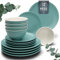 12-Piece Dinnerware Set - Bowl and Plate Set - Stoneware Dining Set for 4 People - Dishwasher and Microwave Safe - Grooved Dining Service in Green