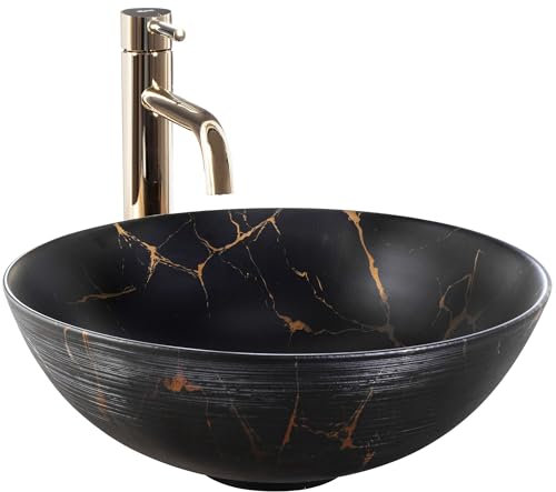 Rea Vasque à poser en céramique Stella Black Marble Brush, Pour Salle De Bain, 355x355x135 mm, En Céramique, Idéale Comme Lavabo Ou Lave-Main Pour WC, Design Unique (imitation de pierre)
