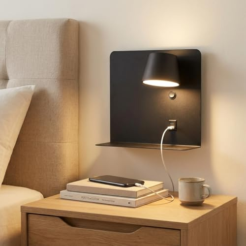 Alpinaluz LED Wandleuchte 6W mit USB & USB-C, Drehbarer Lesespot mit CCT 3000K/4000K/6000K, Wandlampe mit Ablage aus Stahl, Innenleuchte IP20 (Schwarz – Rechts)