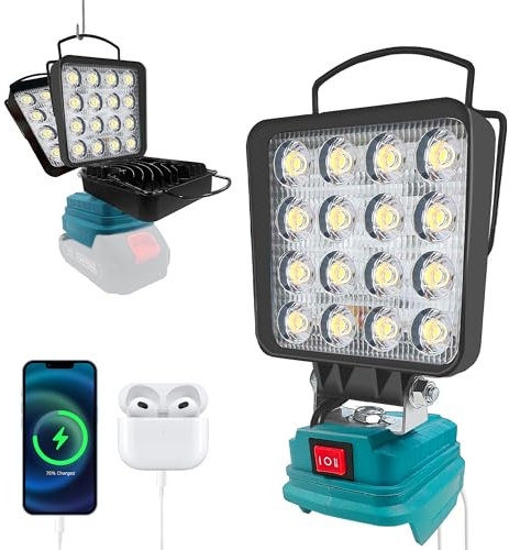 bycpower Akku Lampe für Makita 18V, 48W 4800LM Kabellose Arbeitsleuchte, 2 Modi LED Akku Strahler mit 2 USB-Aufladung, Tragbares Flutlicht für Notfälle, Baustelle, Camping, Autoreparaturen (kein Akku)