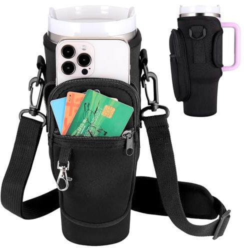 Huiguli Water Bottle Carrier Bag for Stanley Cup 40oz, Water Bottle Holder with Phone Pocket, Adjustable Shoulder Strap, Carabiner Clip, Stanley Cup Accessorie Walking Hiking Travel(Black)