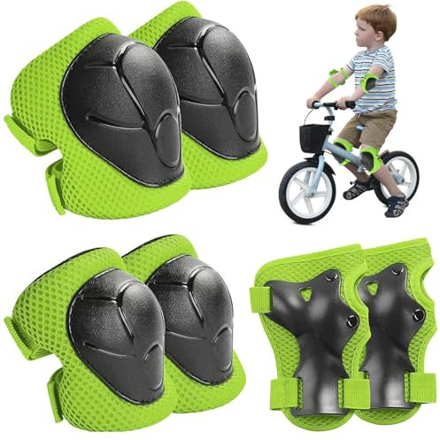 CUEMOON Rodilleras para niños, 6 en 1 juego de protecciones en línea para niños, protectores de patines ajustables para bicicleta, patinaje, ciclismo, monopatín, verde