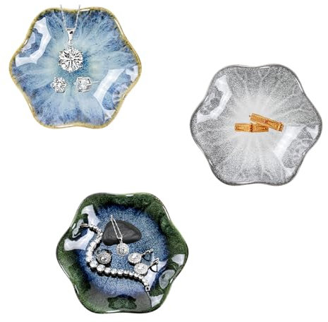 CHENKEE Plato de Joyería de Cerámica, 3 Piezas Bandeja de Joyería de Hojas Soporte de Plato de Anillo Pequeño Plato de Joyería de Flores para Decoración del Hogar (Azul degradado, Verde, Gris)