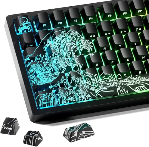 HITIME XVX Kanagawa Keycaps 60 75 100% Glänzende Tasten mit IMD-Technologie für mechanische Tastaturen - 118 Tasten Komplettsatz, OEM-Profil, beleuchtete Linien, gedruckte Seite - Schwarz