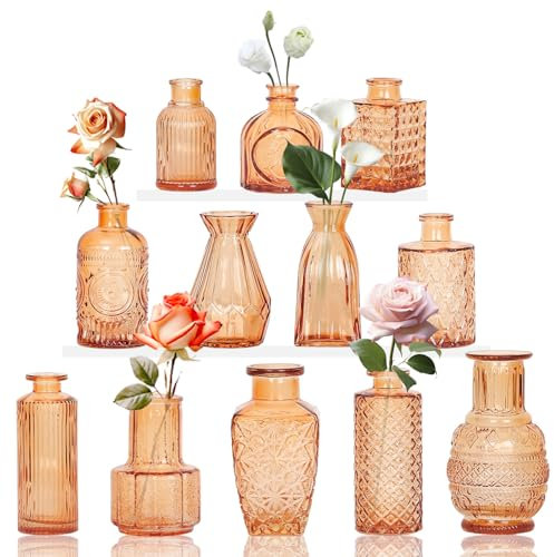 Lot de 12 petits vases en verre ambré, décoratifs, avec couvercles, pour décoration de table, mariage, réception, maison, style vintage, ambré