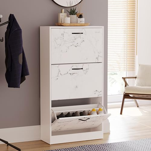 Vida Designs Shoe Cabinet, Wooden Shoe Storage Unit with 3 Pull-Down Drawers, Multifunctional Dust-Proof Space-Saving Slim Cupboard for Hallway or Entryway (White Marble)
