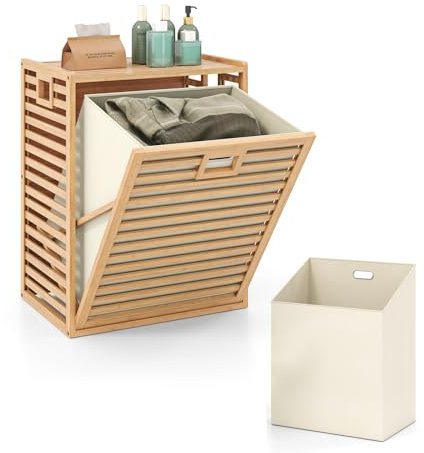 GIANTEX Wäscheschrank mit ausklappbarem Wäschesack, Wäschekorb aus Bambus, Wäschesammler mit Griff, Badschrank für Waschküche Badezimmer Schlafzimmer (50 x 35 x 64 cm)