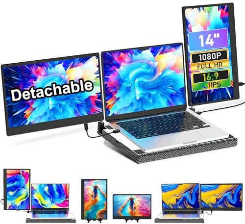Livelect-m Laptop Screen Extender, 14 FHD 1080P Laptop Monitor Extender, Stretchable Base, Detachable Screen, Plug & Play, 360° Rotation, Multi-OS Compatible