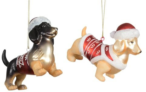 Kaemingk Christbaumschmuck Glas 10,2cm - Dackel Figur zum Aufhängen - 1 Stück Sortiert - Weihnachtsbaum Anhänger für Weihnachten - Christbaumanhänger & Weihnachtsbaumschmuck - Hund Braun Beige