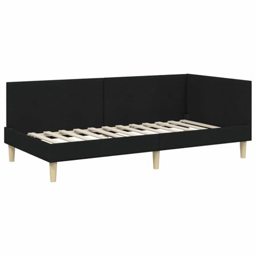 vidaXL Corner Bed Frame Black 100 x 200 cm Fabric and Engineered wood, Modern Bed Frame, Rectangular Design, Breathable Material, Adjustable Headboard, Space-Saving Bedroom Furniture, Stylish Setup