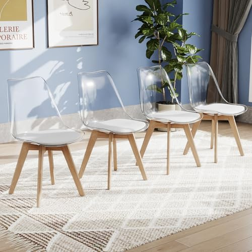 COSTWAY Lot de 4 Chaises de Salle à Manger Scandinave, Chaise Cuisine Transparente, Pieds Inclinés en Bois de Hêtre, Siège Rembourré en Simili Cuir, pour Cuisine, Salon (Blanc Transparent)