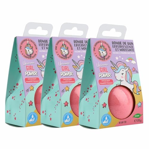 Home-Flair Einhorn Badebombe - große Badekugel - Rosa 170g Schaum-Effekt - VEGAN - mit Überraschungsanhänger (Einhorn, 3 Kugeln)