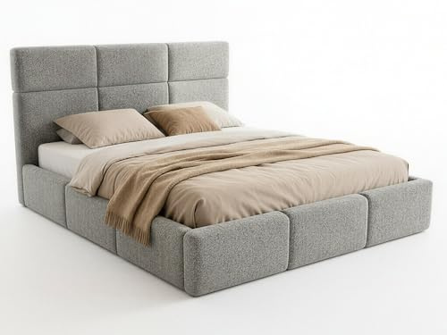 Sofnet Polsterbett Celine - Bettkasten mit Gasdruckfedern - Doppelbett mit Lattenrost, Bett mit Polsterkopfteil, Bettgestell, Schlafzimmer, Bouclé-Stoff (180 x 200 cm, Grau (Coral 75))