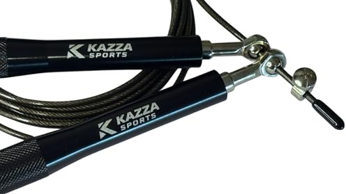 Kazza Sports Corde à Sauter roulement à billes, Câble en Acier, Poignées en Aluminium, Noir, avec Sac de Transport, Corde de Rechange et systeme de fixation supplémentaire Offert