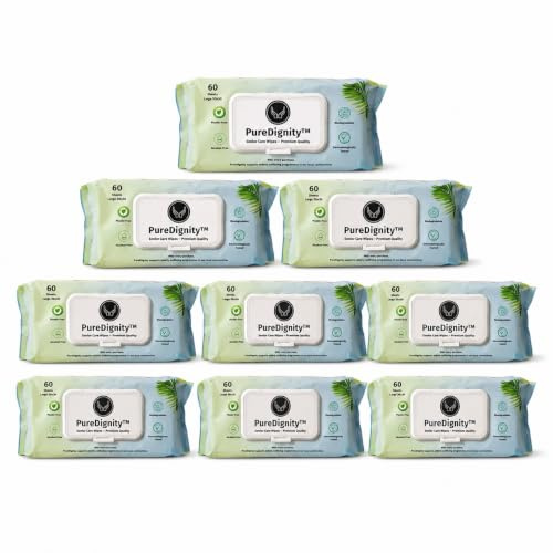PureDignity Wet Wipes for Adults - 20 x 30cm Large Dermatologically Tested, Sensitive Skin Body Cleansing Wipes for Personal Hygiene, Unscented, Thick Adult Wet Wipes 9 Pack (540 Wipes)