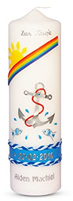 Taufkerze Anker mit Sonne und Regenbogen Kommunionkerze Junge mit Name und Datum 25x7cm mm Taufe Kerze Modern und Schlicht