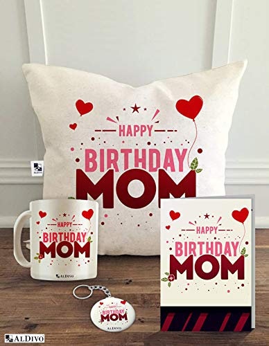 ALDIVO Combo Pack of Happy Birthday Mom Printed 12 x 12-inch Satin Cushion Cover with Filler, Mug, Key Ring and Greeting Card (White)
